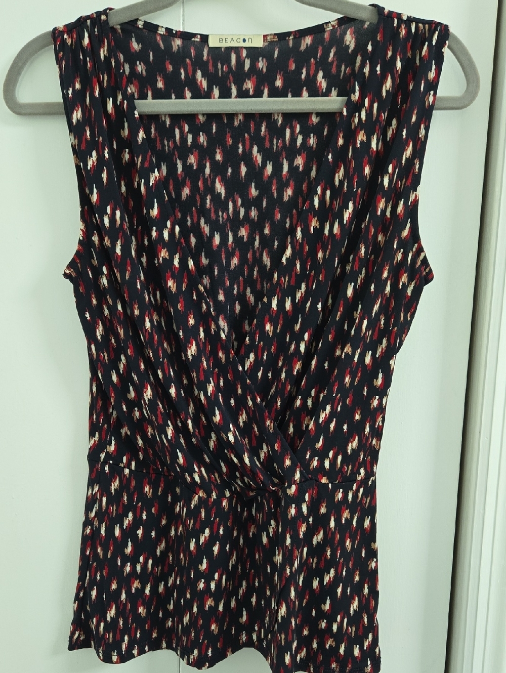 BEACON Navy Sleeveless Wrap-Style Top with Red & Cream Print